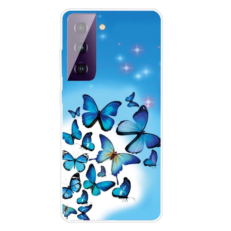 Case Hoesje Samsung Galaxy S21 5G Lichtblauw Donkerblauw Telefoonhoesje Vlinders Vlinders