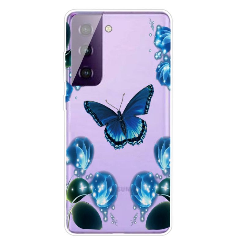 Case Hoesje Samsung Galaxy S21 5G Lichtblauw Donkerblauw Telefoonhoesje Vlinders Vlinders