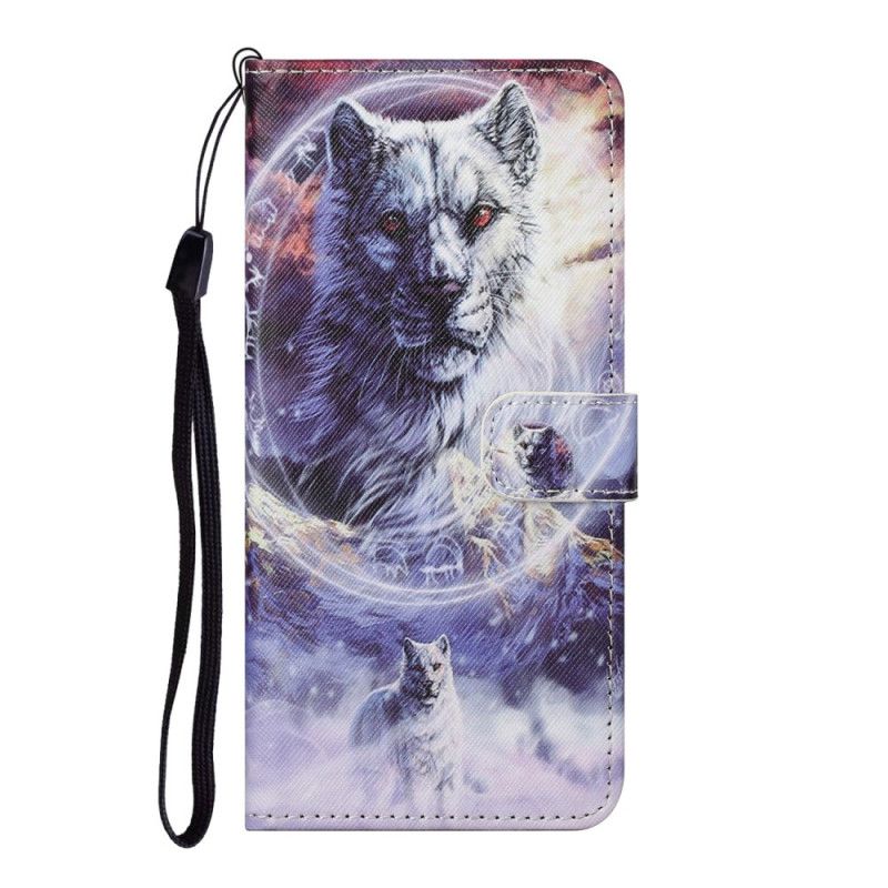 Cover Folio-hoesje Samsung Galaxy S21 5G Telefoonhoesje Wolf In De Winter Met String