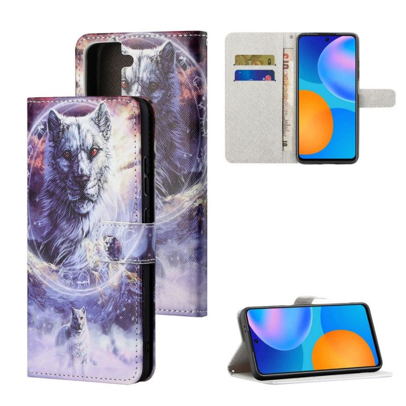 Cover Folio-hoesje Samsung Galaxy S21 5G Telefoonhoesje Wolf In De Winter Met String