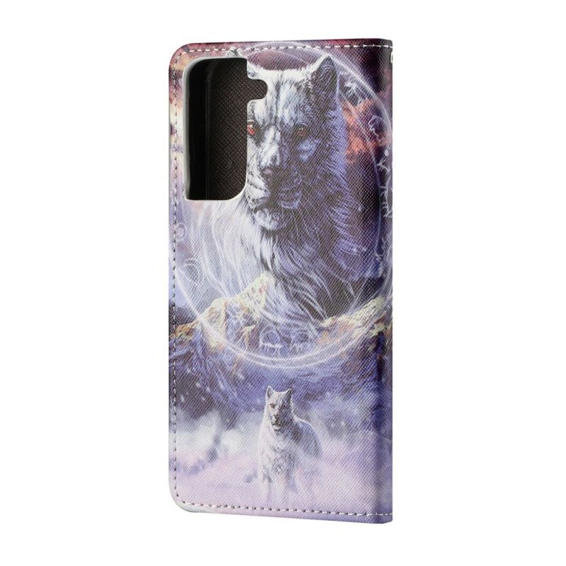 Cover Folio-hoesje Samsung Galaxy S21 5G Telefoonhoesje Wolf In De Winter Met String