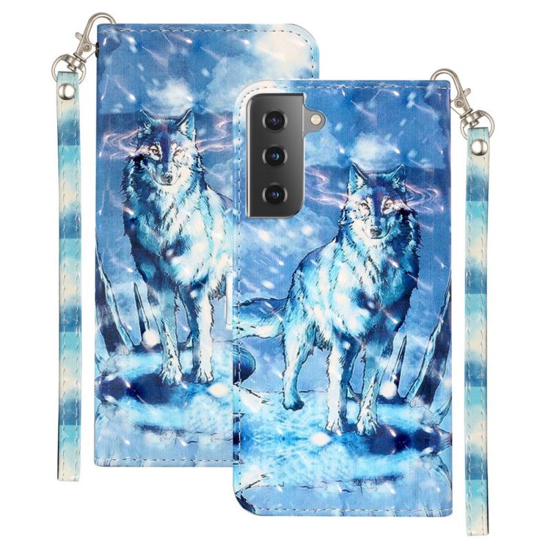 Cover Folio-hoesje Samsung Galaxy S21 5G Telefoonhoesje Wolfslampjes Met Riempje