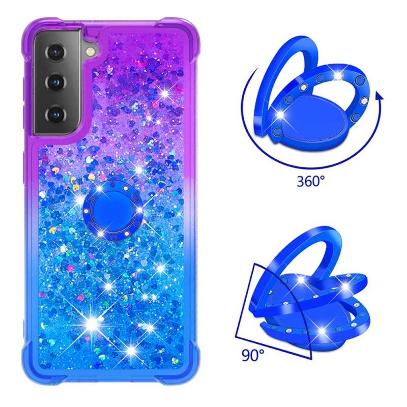 Cover Hoesje Samsung Galaxy S21 5G Lichtblauw Magenta Telefoonhoesje Pailletten Met Ringhouder