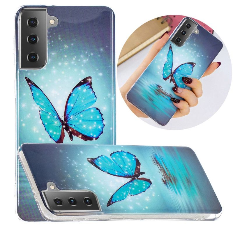 Cover Hoesje Samsung Galaxy S21 5G Telefoonhoesje Fluorescerende Blauwe Vlinder