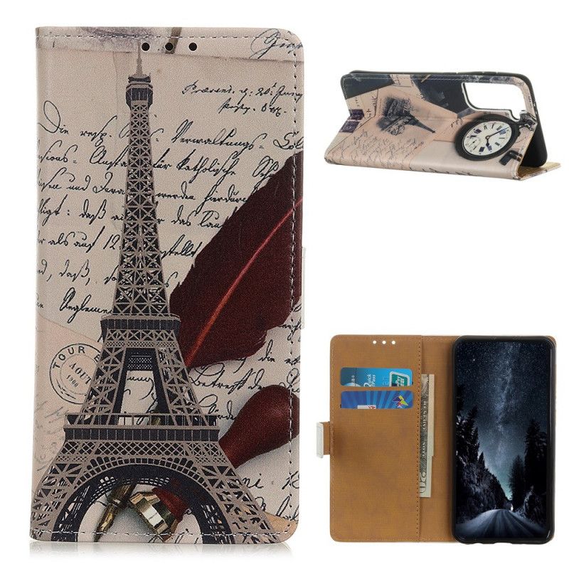 Flip Case Leren Samsung Galaxy S21 5G Bruin Grijs Eiffeltoren