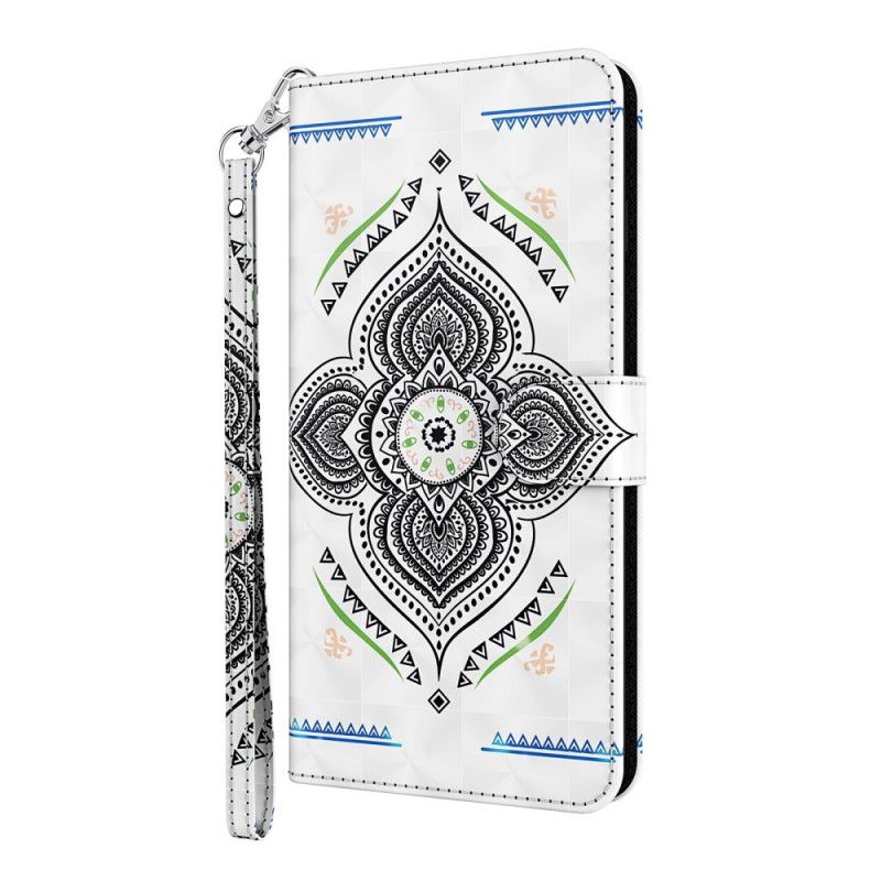 Flip Case Leren Samsung Galaxy S21 5G Donkerblauw Wit Lichtvlekjes Mandala Met Riempje