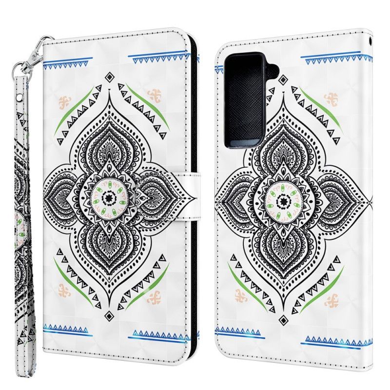 Flip Case Leren Samsung Galaxy S21 5G Donkerblauw Wit Lichtvlekjes Mandala Met Riempje