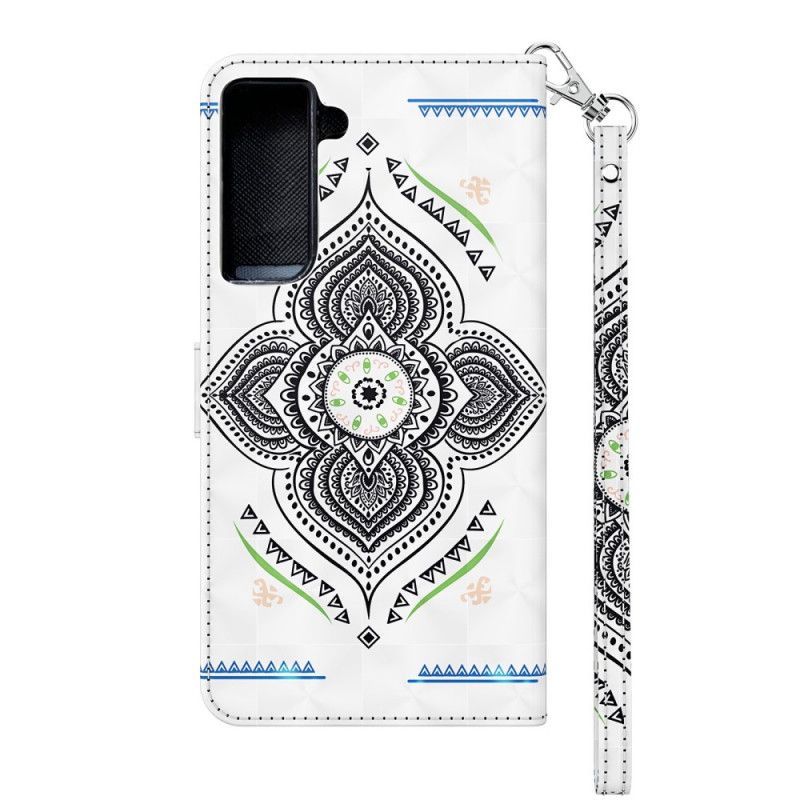 Flip Case Leren Samsung Galaxy S21 5G Donkerblauw Wit Lichtvlekjes Mandala Met Riempje