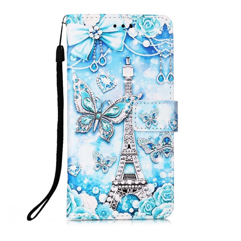 Flip Case Leren Samsung Galaxy S21 5G Eiffeltoren Vlinders Met Riem