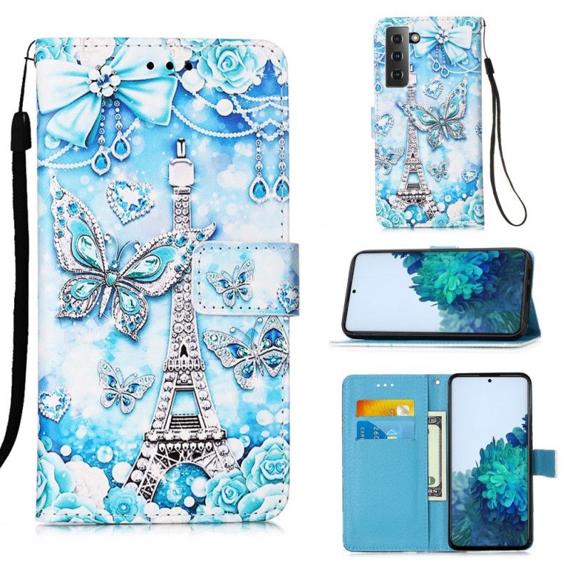 Flip Case Leren Samsung Galaxy S21 5G Eiffeltoren Vlinders Met Riem