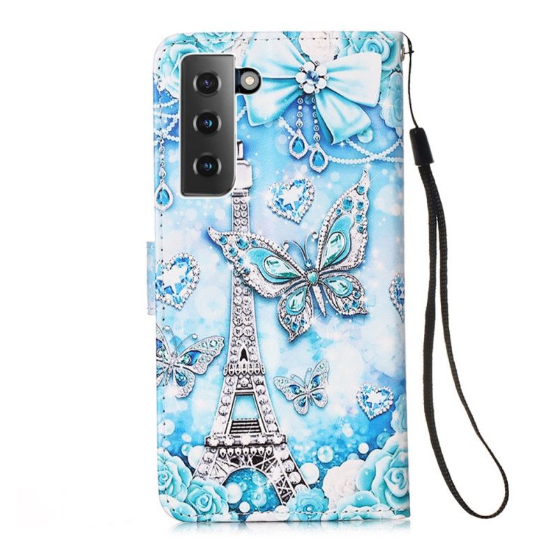 Flip Case Leren Samsung Galaxy S21 5G Eiffeltoren Vlinders Met Riem