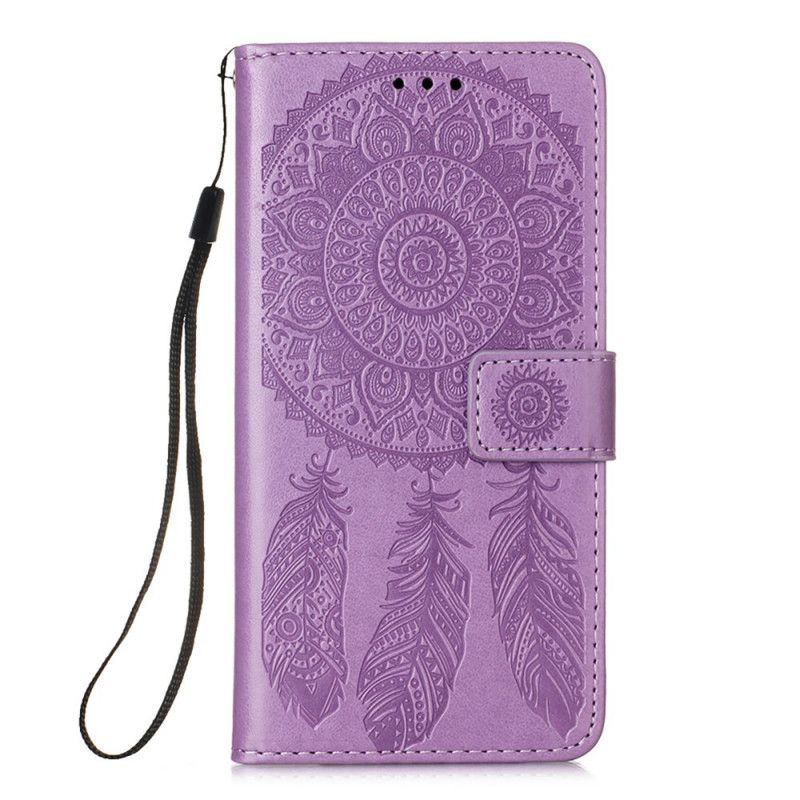 Flip Case Leren Samsung Galaxy S21 5G Grijs Zwart Dromenvanger Print En Riem