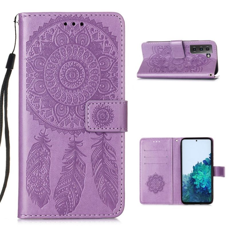 Flip Case Leren Samsung Galaxy S21 5G Grijs Zwart Dromenvanger Print En Riem