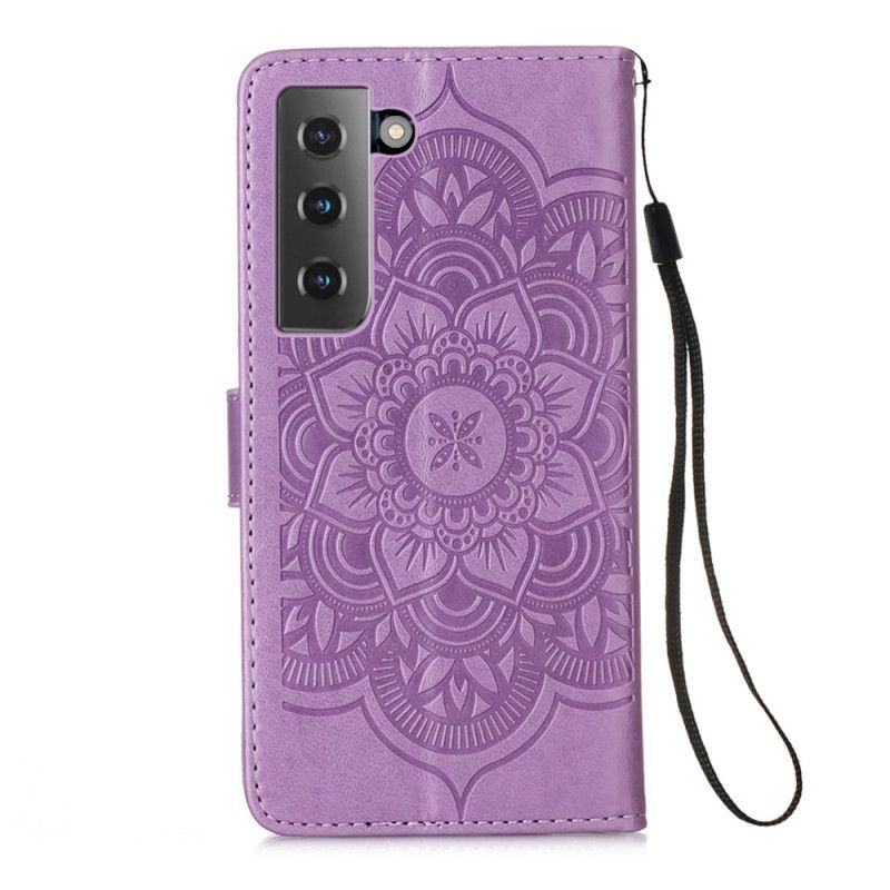 Flip Case Leren Samsung Galaxy S21 5G Grijs Zwart Dromenvanger Print En Riem