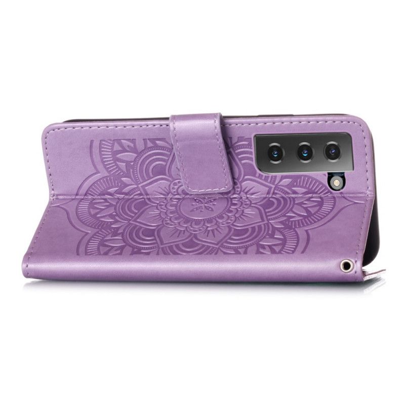 Flip Case Leren Samsung Galaxy S21 5G Grijs Zwart Dromenvanger Print En Riem