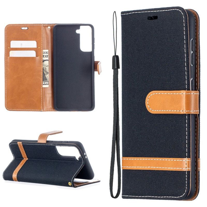 Flip Case Leren Samsung Galaxy S21 5G Grijs Zwart Stof En Leereffect Met String