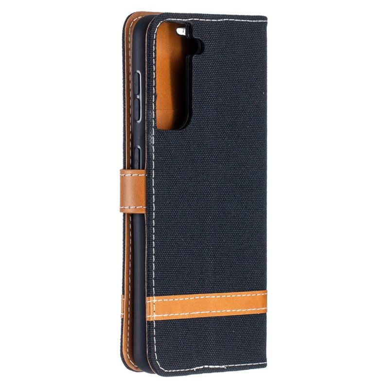 Flip Case Leren Samsung Galaxy S21 5G Grijs Zwart Stof En Leereffect Met String