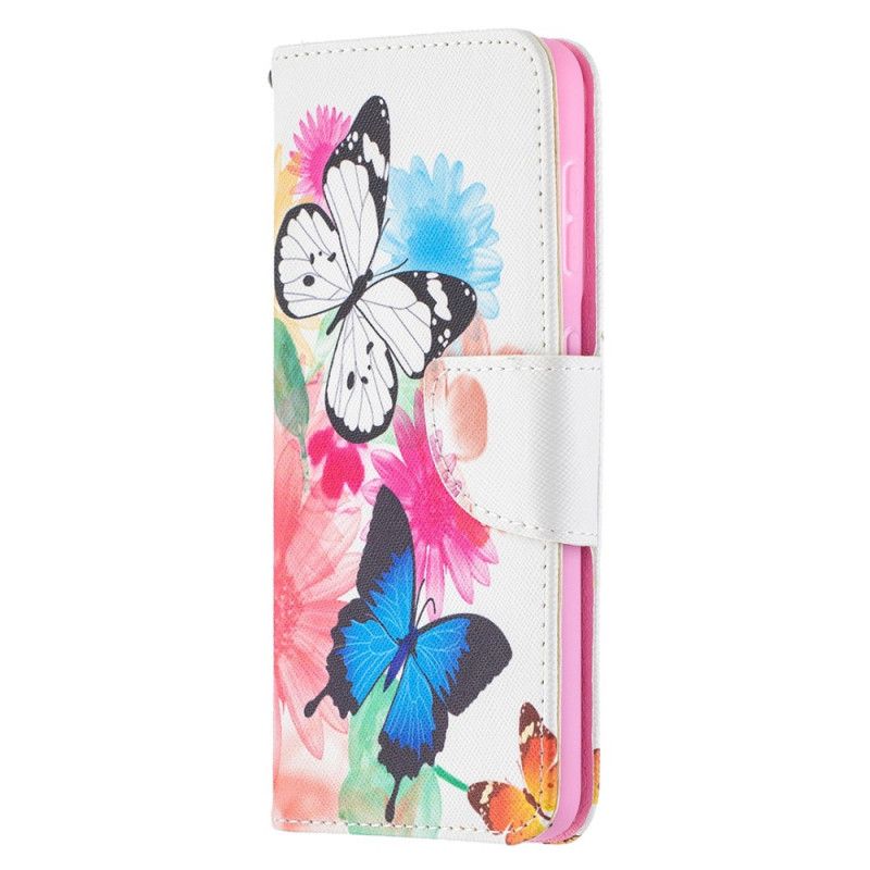 Flip Case Leren Samsung Galaxy S21 5G Lichtblauw Magenta Geschilderde Vlinders En Bloemen