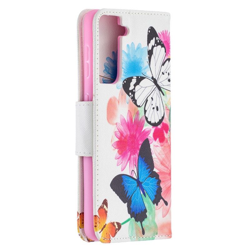 Flip Case Leren Samsung Galaxy S21 5G Lichtblauw Magenta Geschilderde Vlinders En Bloemen