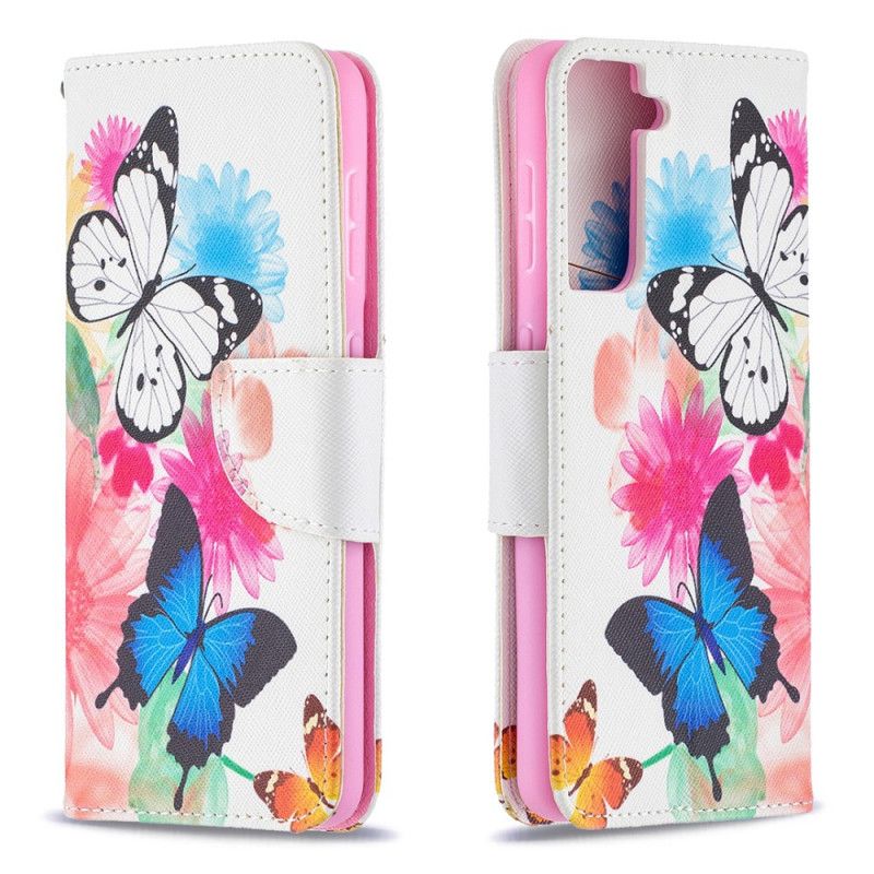 Flip Case Leren Samsung Galaxy S21 5G Lichtblauw Magenta Geschilderde Vlinders En Bloemen