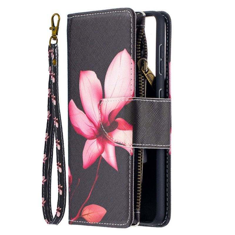 Flip Case Leren Samsung Galaxy S21 5G Wit Zwart Bloemenzak Met Ritssluiting