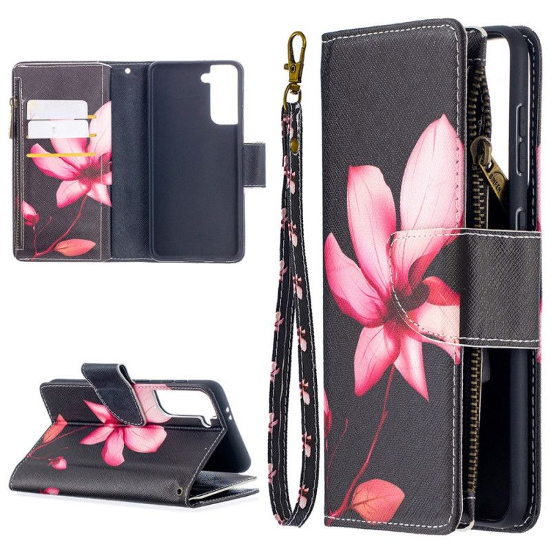 Flip Case Leren Samsung Galaxy S21 5G Wit Zwart Bloemenzak Met Ritssluiting