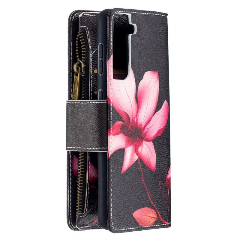 Flip Case Leren Samsung Galaxy S21 5G Wit Zwart Bloemenzak Met Ritssluiting