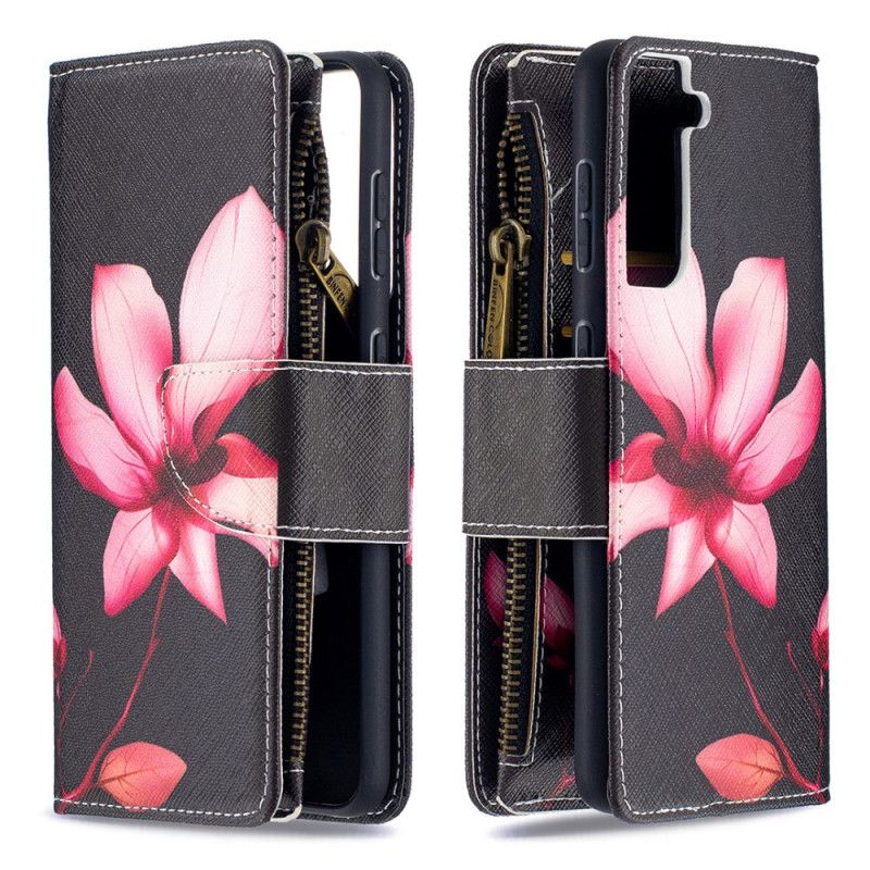 Flip Case Leren Samsung Galaxy S21 5G Wit Zwart Bloemenzak Met Ritssluiting