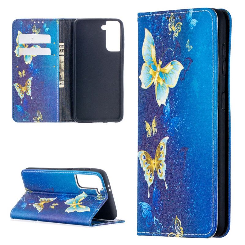 Folio-hoesje Samsung Galaxy S21 5G Lichtblauw Wit Kleurrijke Vlinders