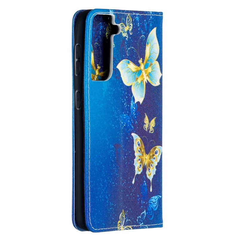 Folio-hoesje Samsung Galaxy S21 5G Lichtblauw Wit Kleurrijke Vlinders