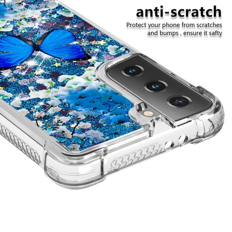 Hoesje Samsung Galaxy S21 5G Blauwe Glittervlinders