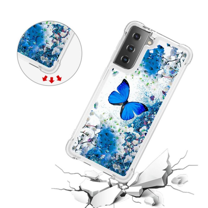 Hoesje Samsung Galaxy S21 5G Blauwe Glittervlinders