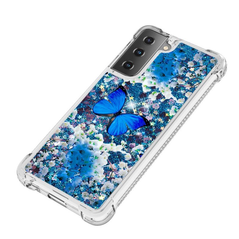 Hoesje Samsung Galaxy S21 5G Blauwe Glittervlinders