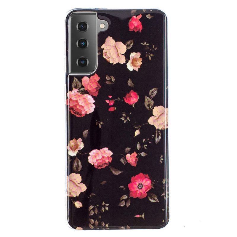 Hoesje Samsung Galaxy S21 5G Donkerrood Zwart Fluorescerende Bloemenreeks