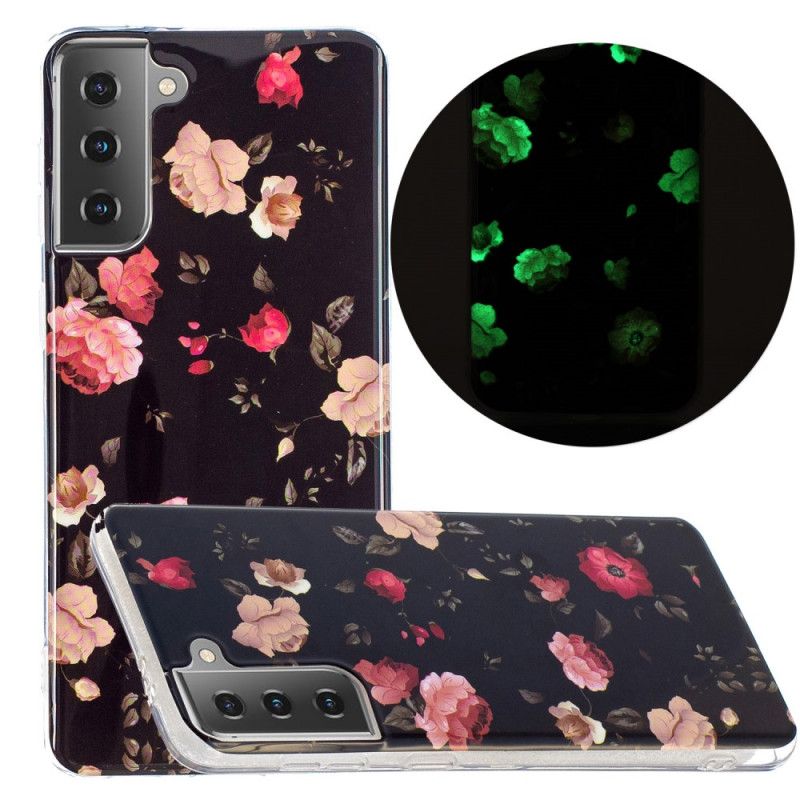 Hoesje Samsung Galaxy S21 5G Donkerrood Zwart Fluorescerende Bloemenreeks