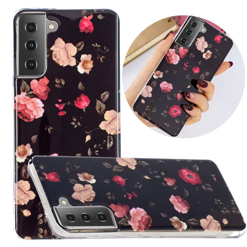 Hoesje Samsung Galaxy S21 5G Donkerrood Zwart Fluorescerende Bloemenreeks