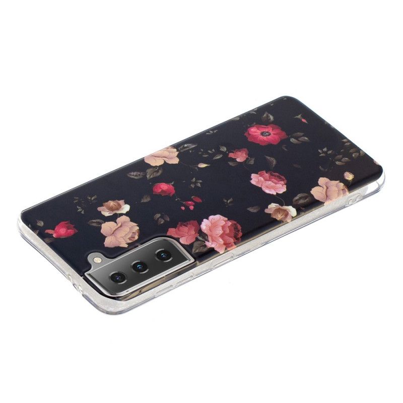 Hoesje Samsung Galaxy S21 5G Donkerrood Zwart Fluorescerende Bloemenreeks