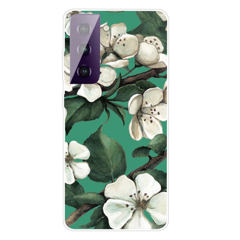 Hoesje Samsung Galaxy S21 5G Geschilderde Witte Bloemen