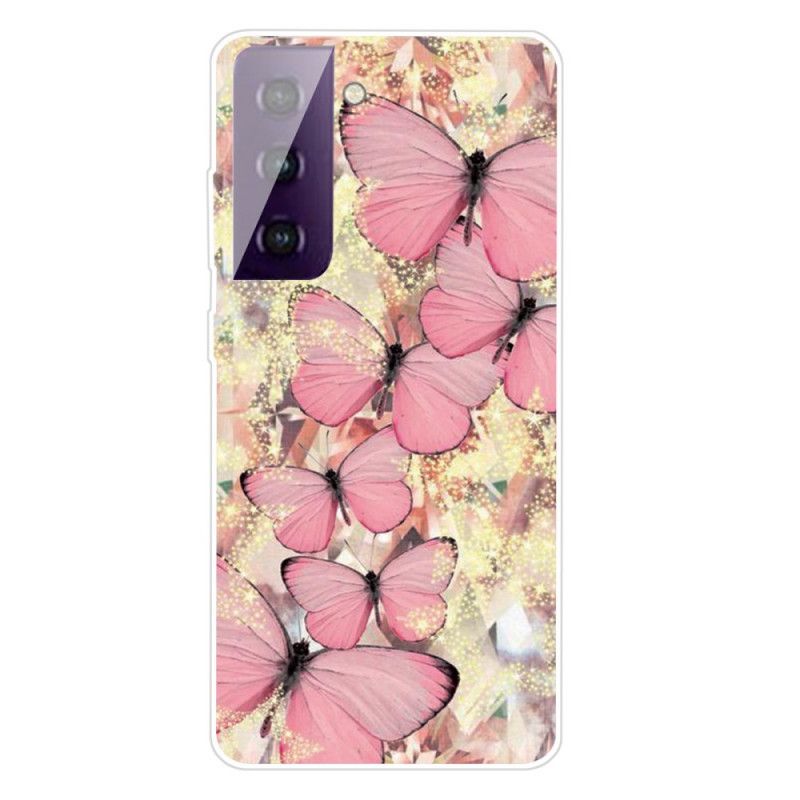 Hoesje Samsung Galaxy S21 5G Goud Roze Mooie Vlinders