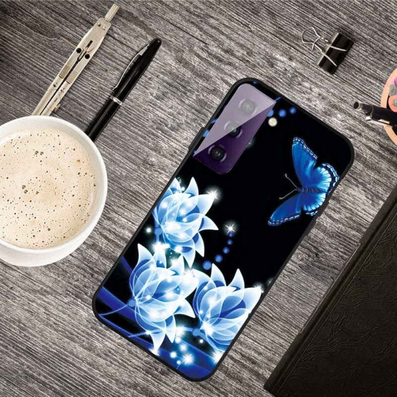 Hoesje Samsung Galaxy S21 5G Lichtblauw Donkerblauw Blauwe Bloemen