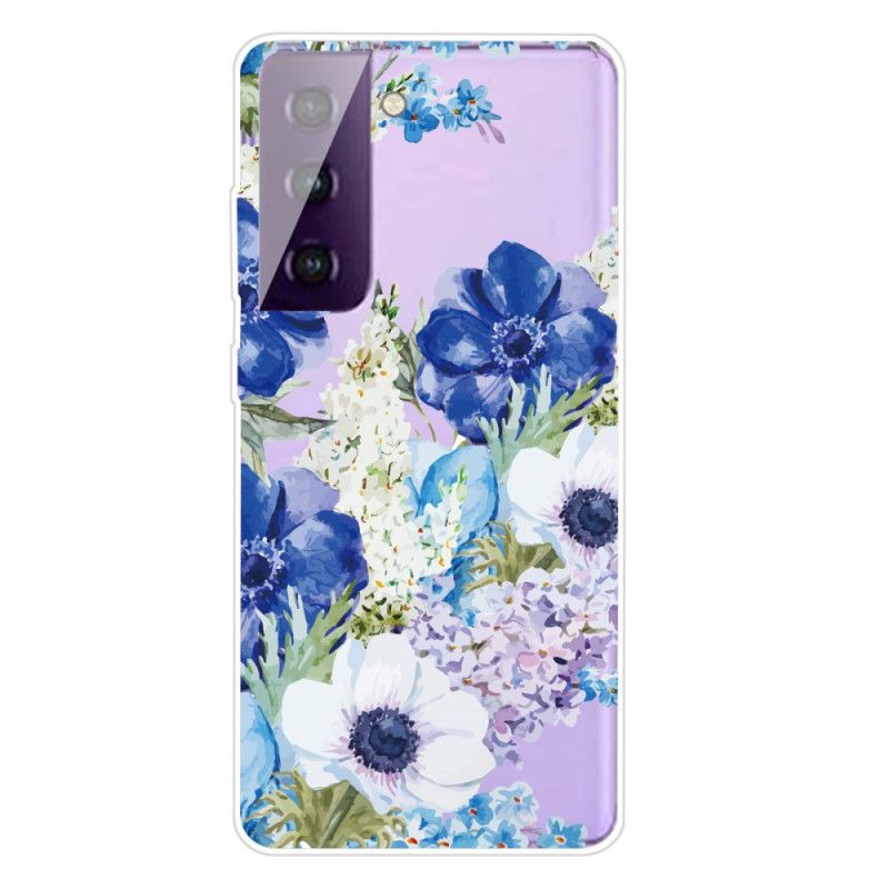 Hoesje voor Samsung Galaxy S21 5G Aquarel Blauwe Bloemen