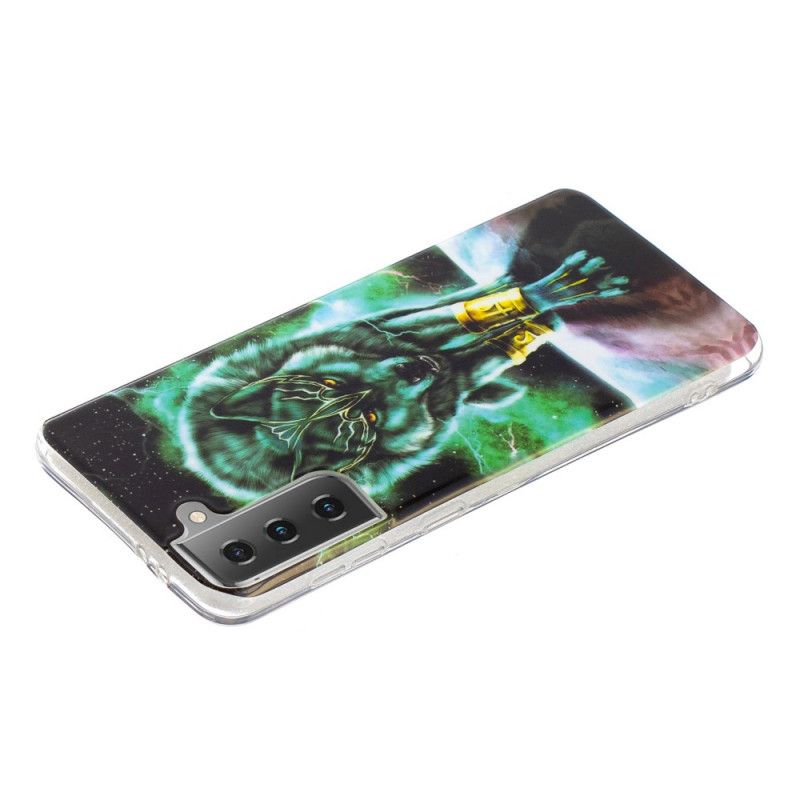 Hoesje voor Samsung Galaxy S21 5G Donkerblauw Zwart Serie Fluorescerende Wolven