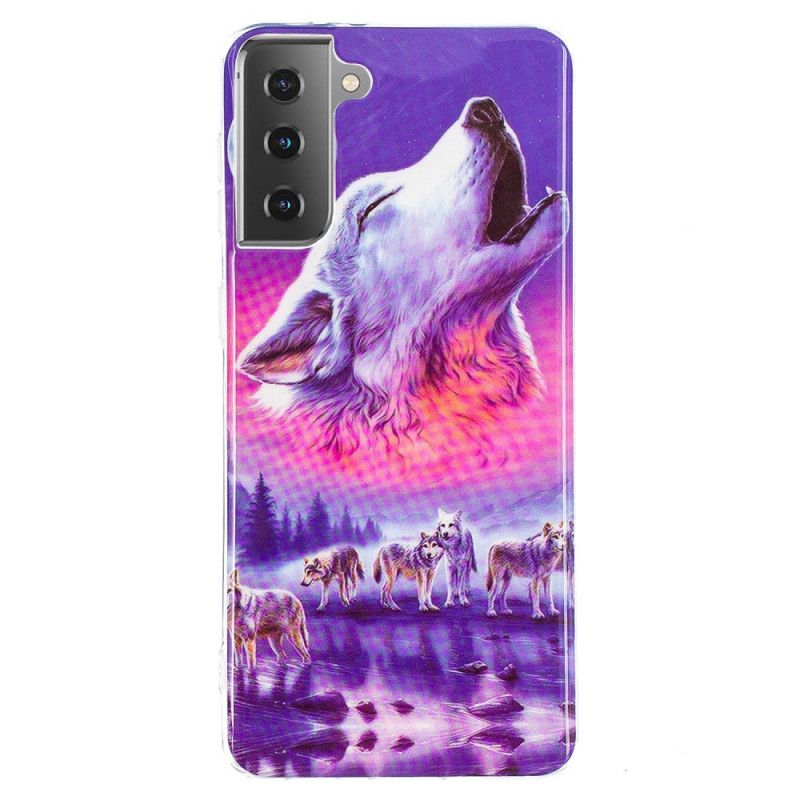 Hoesje voor Samsung Galaxy S21 5G Donkerblauw Zwart Serie Fluorescerende Wolven