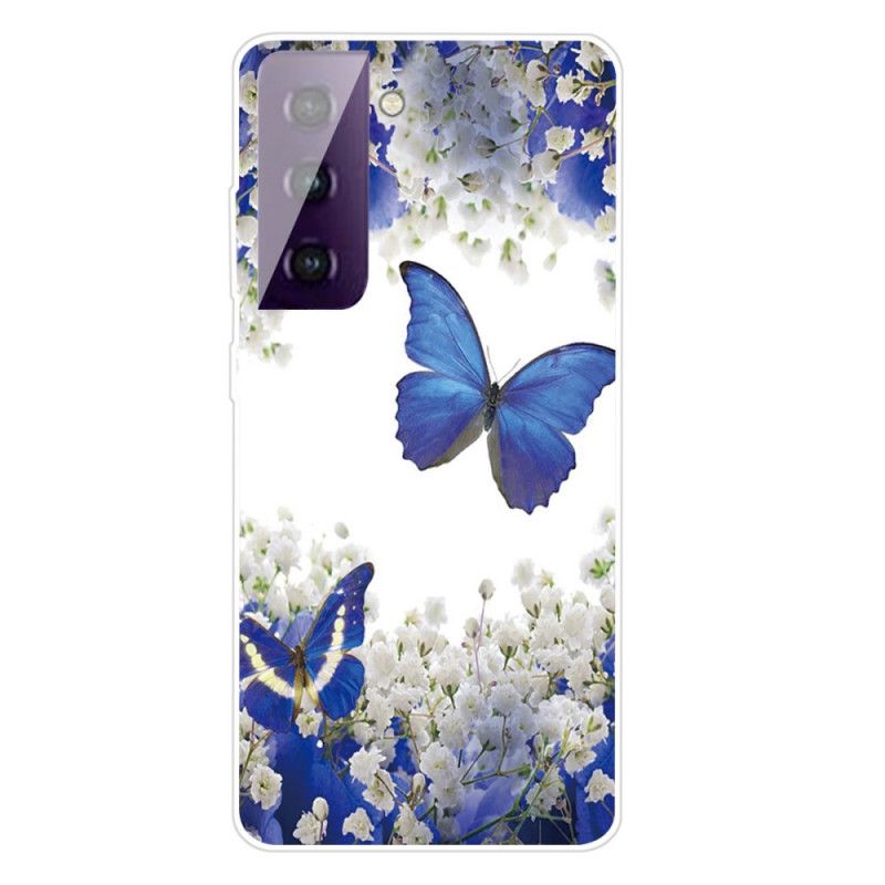 Hoesje voor Samsung Galaxy S21 5G Goud Donkerblauw Design Vlinders