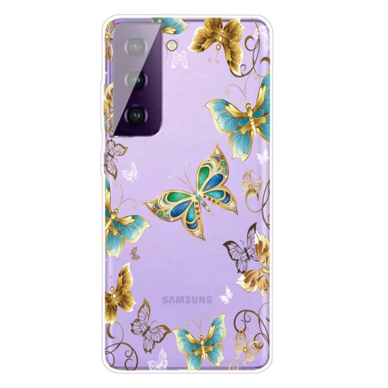 Hoesje voor Samsung Galaxy S21 5G Goud Donkerblauw Design Vlinders