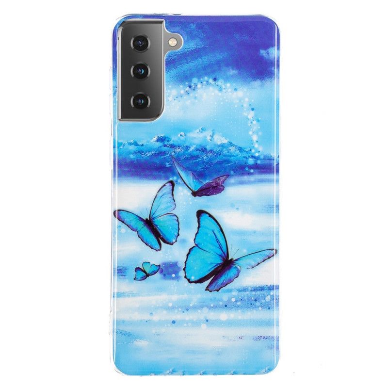 Hoesje voor Samsung Galaxy S21 5G Lichtblauw Donkerblauw Serie Fluorescerende Vlinder