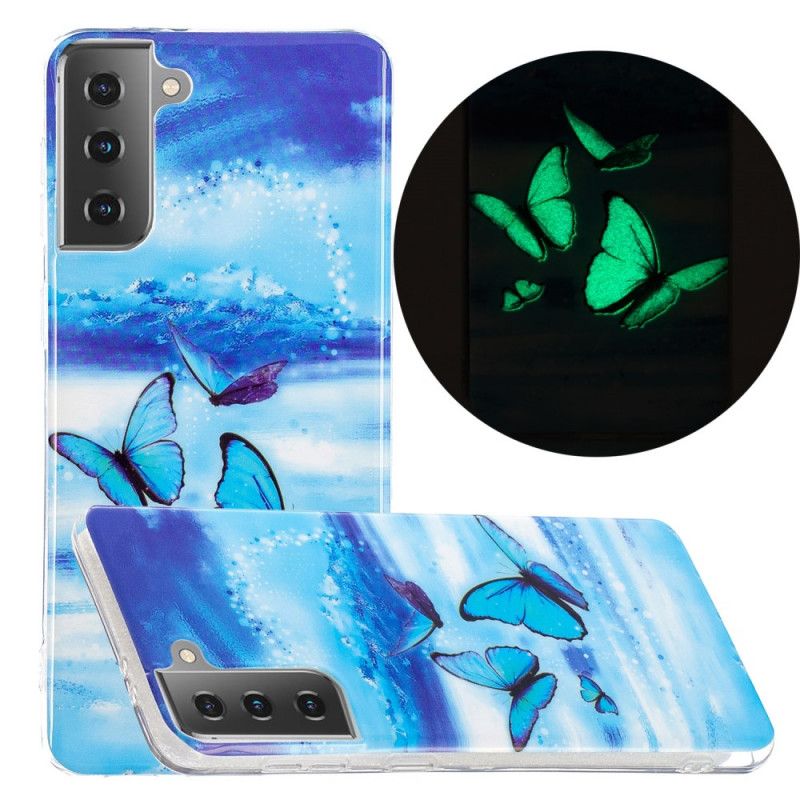 Hoesje voor Samsung Galaxy S21 5G Lichtblauw Donkerblauw Serie Fluorescerende Vlinder