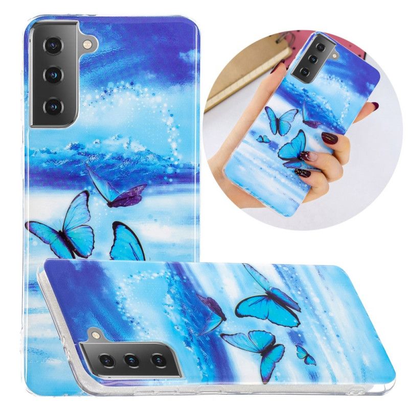 Hoesje voor Samsung Galaxy S21 5G Lichtblauw Donkerblauw Serie Fluorescerende Vlinder