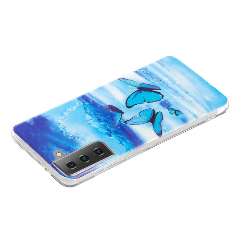 Hoesje voor Samsung Galaxy S21 5G Lichtblauw Donkerblauw Serie Fluorescerende Vlinder