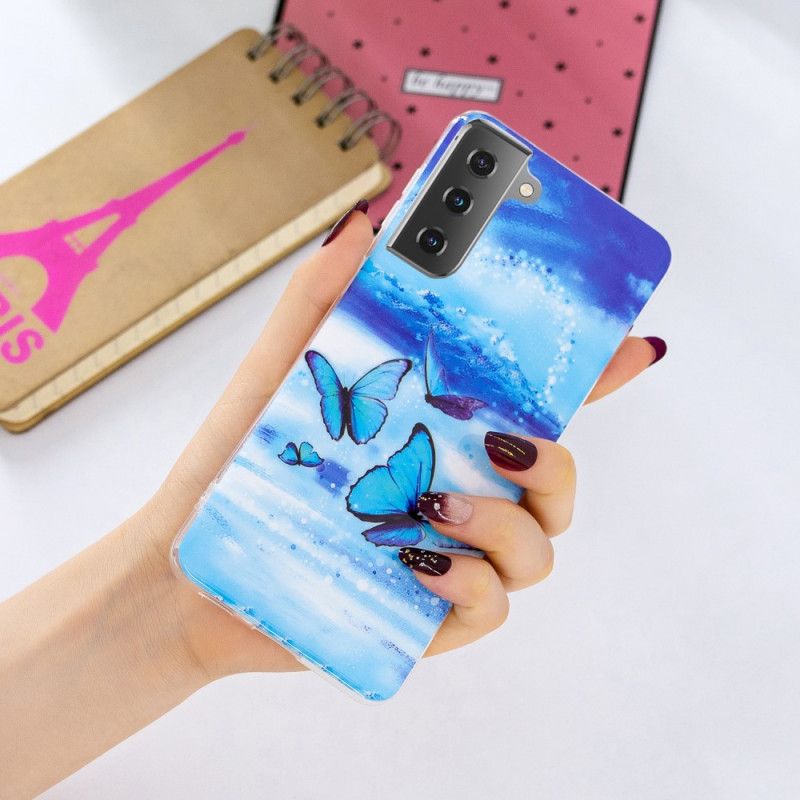 Hoesje voor Samsung Galaxy S21 5G Lichtblauw Donkerblauw Serie Fluorescerende Vlinder